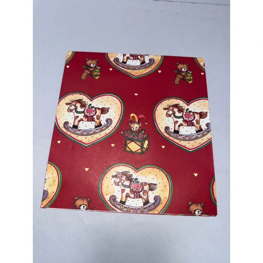 Vintage Christmas Gift Wrap Rocking Horse Teddy Bear Red Wrapping Paper Sheet